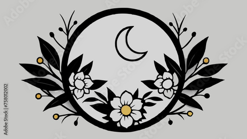 boho-round-floral-frame-with-blue-moon-graphic--vector illustration