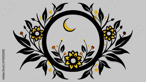 boho-round-floral-frame-with-blue-moon-graphic--vector illustration