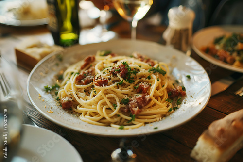 Close-Up Delicious Spaghetti Carbonara Served On A Plate In Food Restaurant Interior  Spaghetti Carbonara Food Photography  Food Menu Style Photo Image