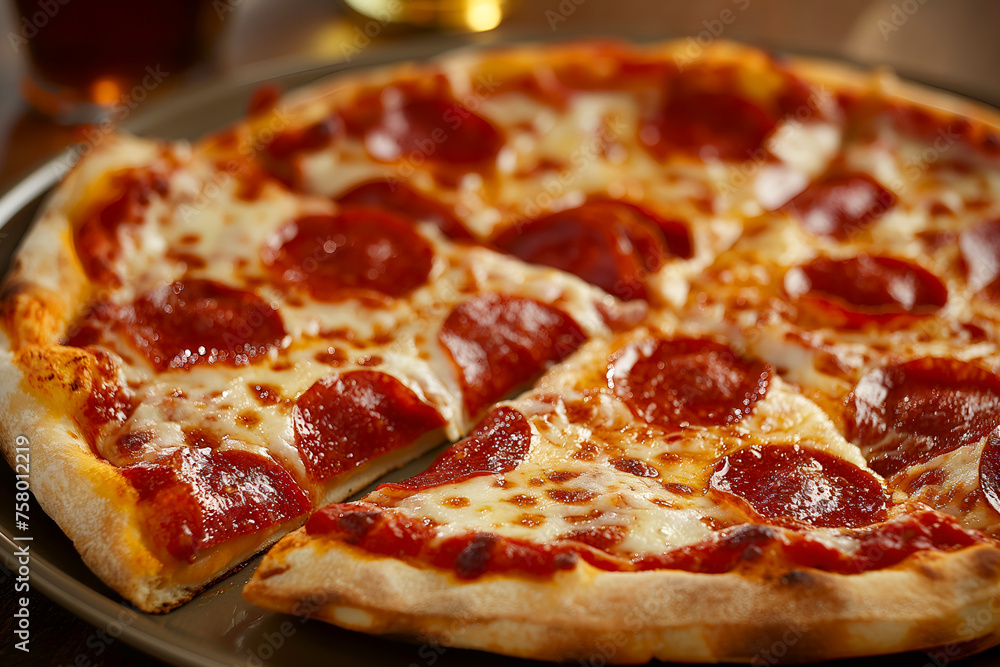 Close-Up Delicious Pepperoni Pizza Served In Food Restaurant Interior, Pepperoni Pizza Food Photography, Food Menu Style Photo Image