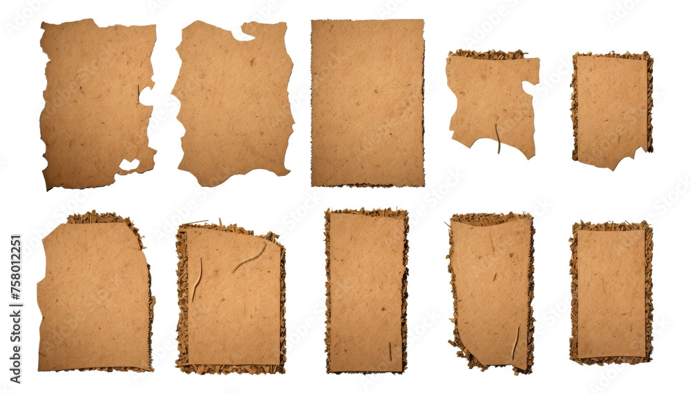 set of torn cardboard isolated on transparent background cutout