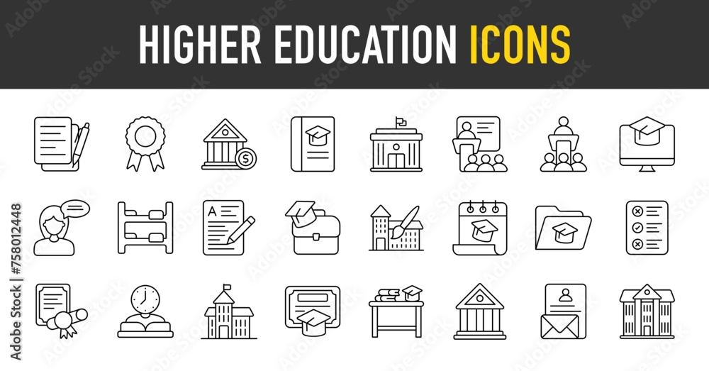 Higher Education outline icon set. Vector icons illustration collection