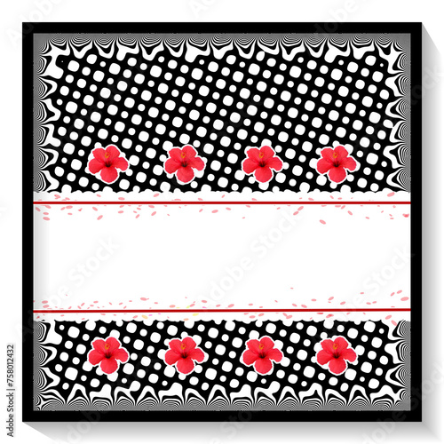 Karta okolicznościowa w biało, czarno, czerwonej kolorystyce z miejscem na tekst, życzenia, z dekoracyjnymi czerwonymi kwiatami i deseniem z białych kropek na czarnym tle w czarnej ramce