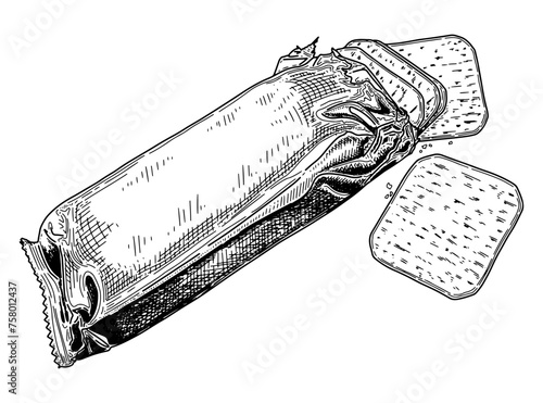 Package with cracker cookies, sketch. Baked food for snacking. Hand drawn vector illustration.