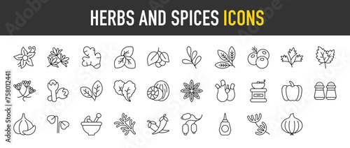  Herbs and Spices outline icon set. Vector icons illustration collection