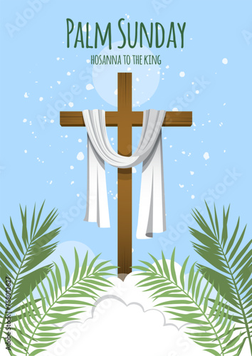 Palm Sunday with Cross and Palm Leaves Vector Illustration
