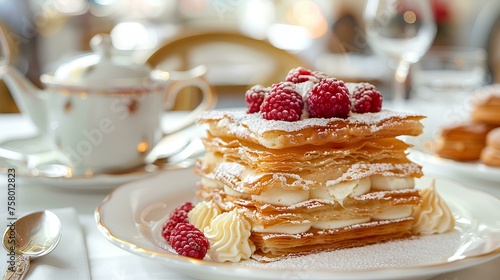 A close-up view of traditional French dessert mille-feuille with vanilla cream and fresh berries served with hot tea at a luxury restaurant