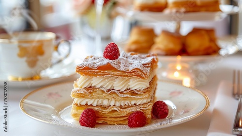 A close-up view of traditional French dessert mille-feuille with vanilla cream and fresh berries served with hot tea at a luxury restaurant