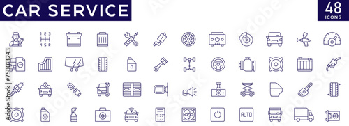 Car service icons set with fully editable stroke thin line vector illustration with mechanic, disc brake brake, battery, wheel, chassis, maintenance, piston, auto repair, vehicle part, engine, gears