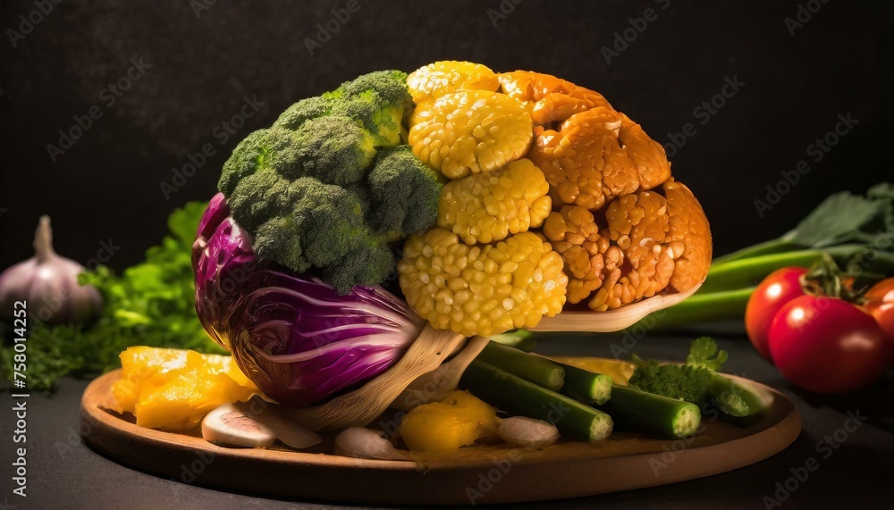 Human brain made of variety of colorful vegetables, concept of vegetarian, vegan, healthy nutrition Human brain made of variety of colorful vegetables, concept of vegetarian, vegan, healthy nutrition