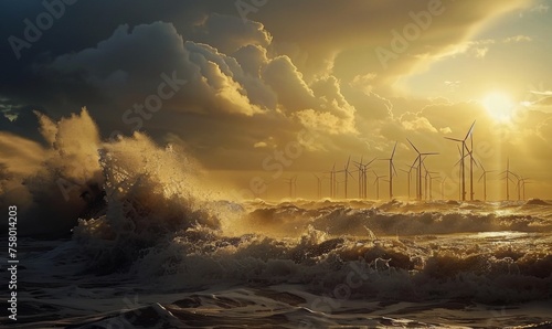 Coastal landscape and a powerful offshore wind farm on the horizon