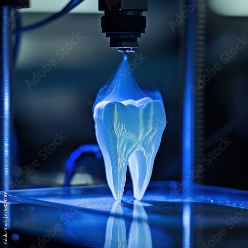 3D printing of a tooth with blue light background futuristic dental technology production concept