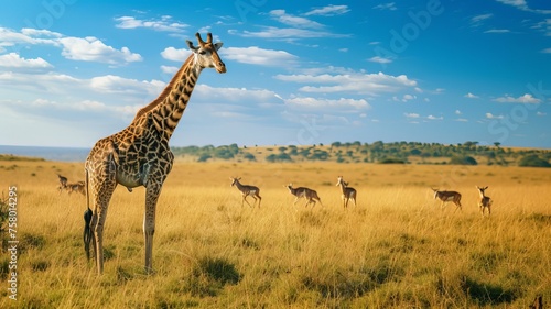 giraffe stands on the grassland, and a group of antelopes are running in the distance, highlight color contrast photography, colorism, UHD, AI Generative