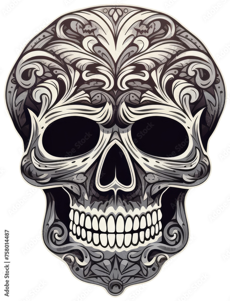 Fototapeta premium Skull engraved with ornaments cartoon sticker