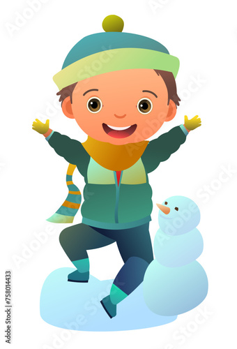 boy made snowman. Child in winter clothes. Fun frost. Winter clothes. Object isolated on white background. Cartoon fun style Illustration vector