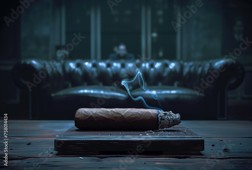 Cigar Connoisseur's Paradise: A cigar on a wooden ashtray. A burning, smoking cigar in a dark, smoky smoking lounge in Havana, Cuba. © Sascha
