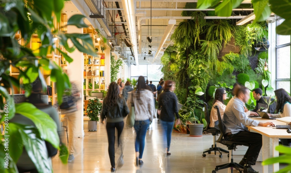 Employees bustle around the green office, demonstrating the startup's commitment to protecting the environment and employee health
