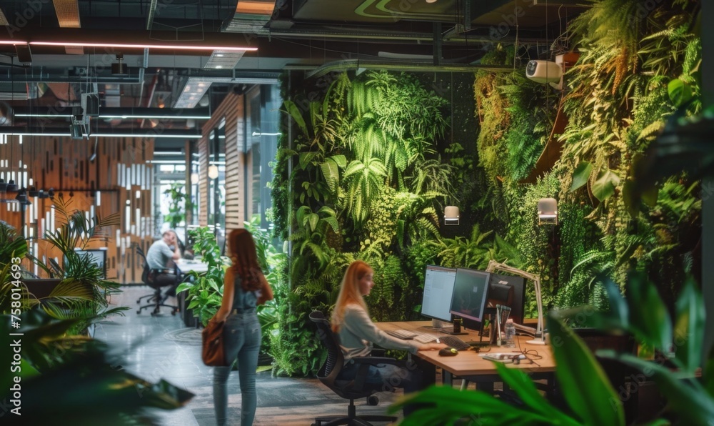Working in a green office with rushing employees and a modern startup that complies with ESG standards Working in a green office with rushing employees and a modern startup that complies with ESG standards