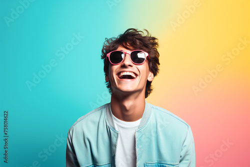 Smiling man on a vibrant background, exuding confidence and positivity. A colorful portrait capturing joy and urban style. © Klemenso