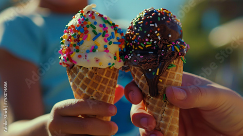 a pair of hands holding ice cream cones, one vanilla, one chocolate, dripping with colorful sprinkles
