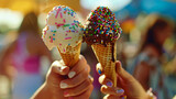 a pair of hands holding ice cream cones, one vanilla, one chocolate, dripping with colorful sprinkles