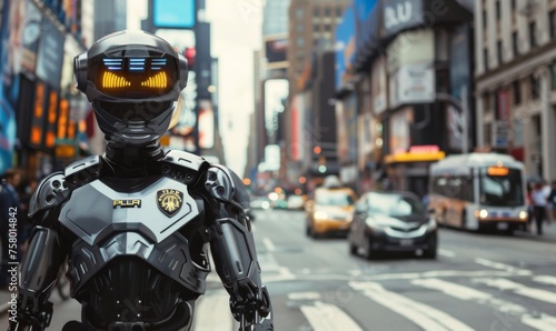 Humanoid robot dressed as a police officer directs traffic in a busy urban area