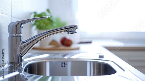 cf0 kitchen sink. Water faucet on. Solid white background., AI Generative