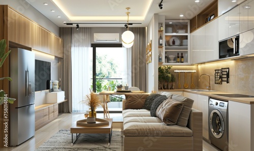 Stylish and spacious kitchen and living room with refrigerator and washing machine © AlfaSmart