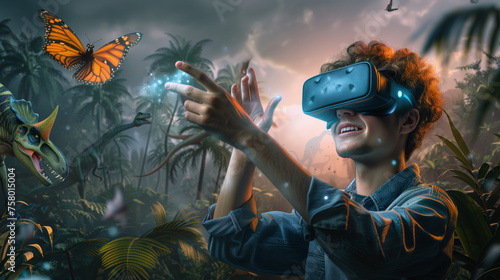 The guy put on a virtual reality helmet and immersed himself in a prehistoric world with dinosaurs reaching out for butterflies and uncharted animals VR