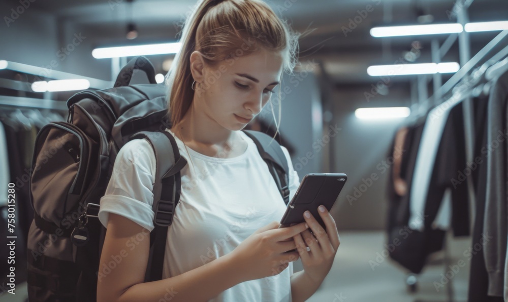 Sporty girl in a fitting room checks her phone with a sports bag on her shoulder Sporty girl in a fitting room checks her phone with a sports bag on her shoulder