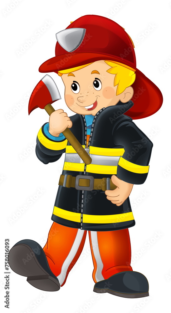 cartoon happy and funny fireman with extinguisher putting out the fire isolated illustration for children