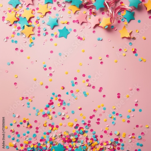 olorful celebration background with various party confetti, balloons, streamers, fireworks and decoration on pink background. Flat lay.HD,stock photo