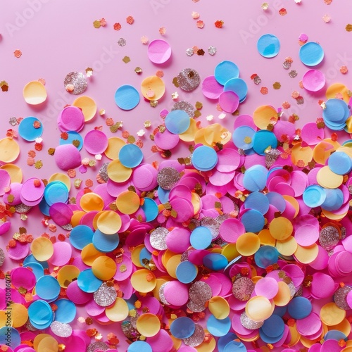 Colorful confetti on a pink background. Party concept.