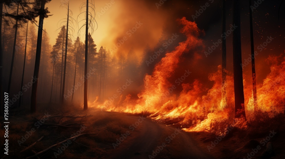 Forest fire, Wildfire burning tree in red and orange color Forest fire, Wildfire burning tree in red and orange color