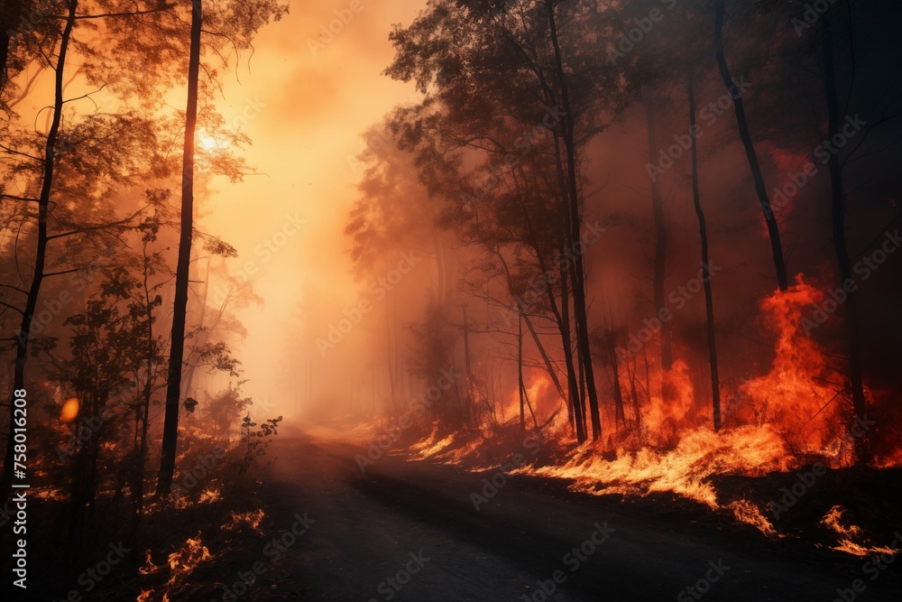 Forest fire, Wildfire burning tree in red and orange color Forest fire, Wildfire burning tree in red and orange color
