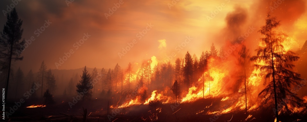 Forest fire, Wildfire burning tree in red and orange color Forest fire, Wildfire burning tree in red and orange color