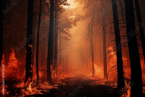 Forest fire, Wildfire burning tree in red and orange color