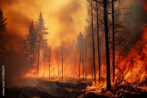 Forest fire, Wildfire burning tree in red and orange color