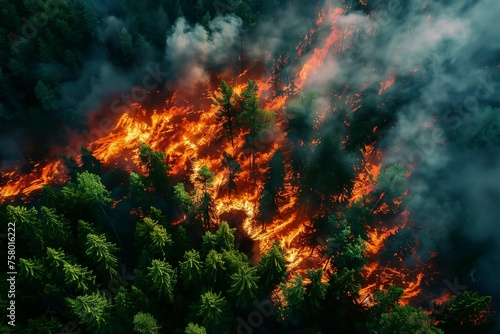 Forest fire, Wildfire burning tree in red and orange color