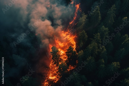 Forest fire, Wildfire burning tree in red and orange color