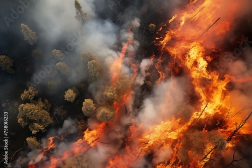 Forest fire, Wildfire burning tree in red and orange color