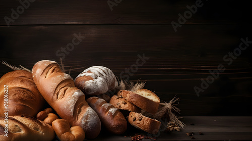 Delicious fresh bread on wooden background with space for text