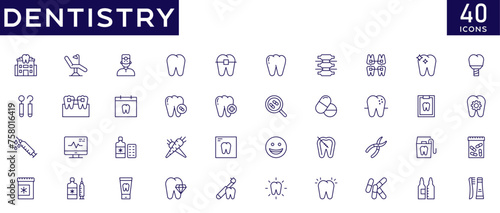 Dentistry icon set with fully editable stroke thin line vector illustration with dentist, toothpaste, teeth implant, dental treatment, teeth whitening, disease care, prosthetics, teeth removal, clinic