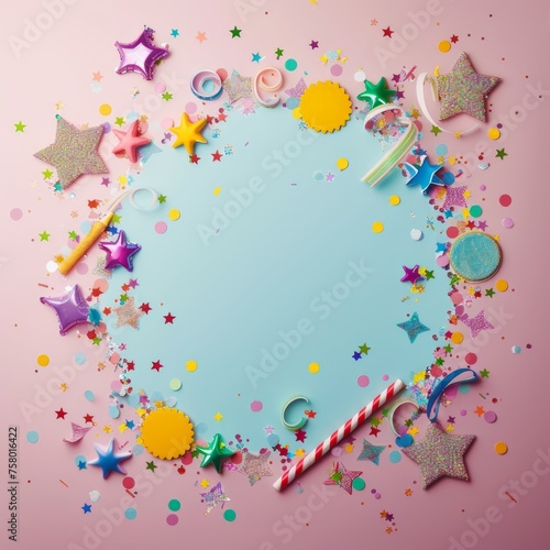 Colorful celebration background with party confetti, stars, and umbrella on a pink background. Flat lay, stock photo, HD, turquoise circle,