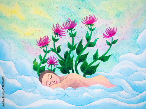 woman human sleep relax happy leisure lifestyle rest relaxation body mind heart mental health spiritual soul self love peace flower growing blooming art design illustration concept watercolor painting © Benjavisa Ruangvaree