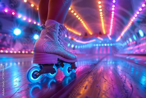 A dazzling image of a silver glitter roller skate on a neon-lit retro rink floor