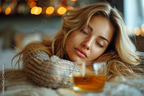 A glass of whiskey positioned next to a young woman lying on a cozy blanket, evoking feelings of relaxation photo