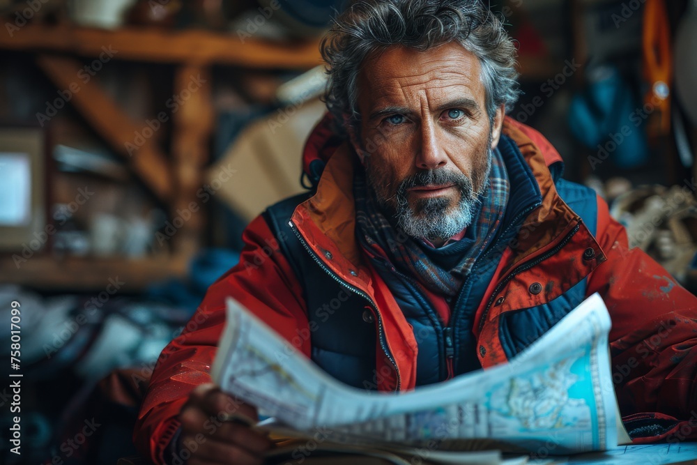 A rugged looking man with grey hair and beard focusing intently on a map