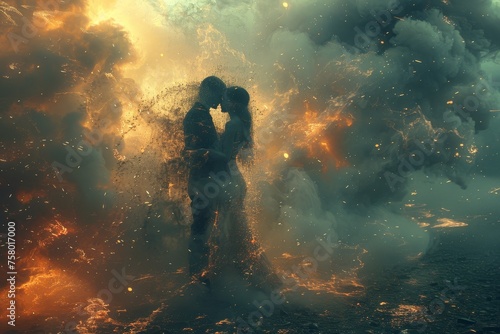 Dramatic image of a couple kissing with an explosive blend of water and fire surrounding them