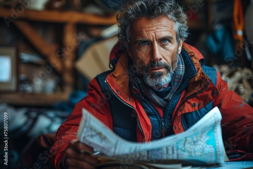 A rugged looking man with grey hair and beard focusing intently on a map